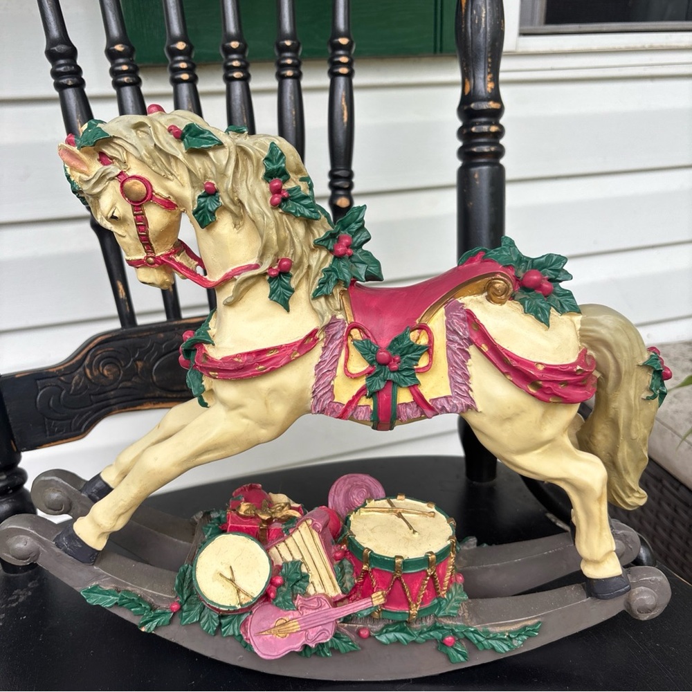 Cream and Red Musical Holiday Rocking Horse Decor